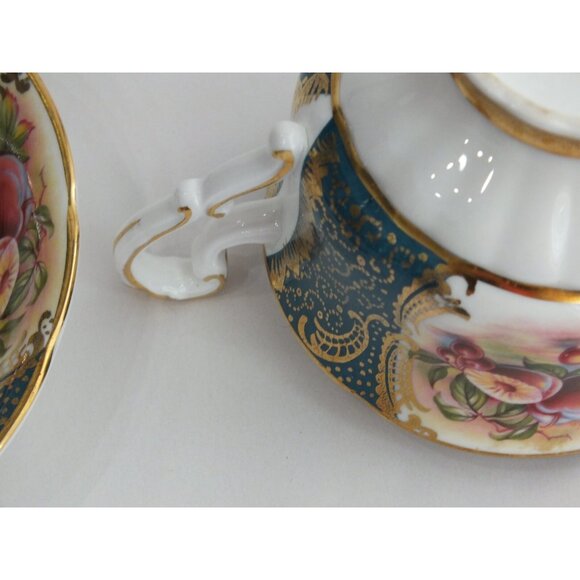 Paragon Orchard Fruit Tea Cup Saucer Pattern Turquoise Green Gold gilt teacup - Picture 14 of 14